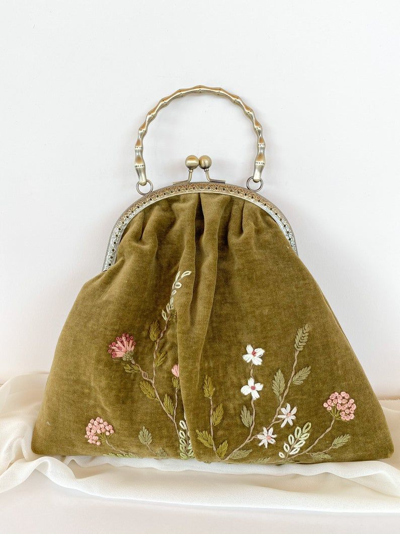 Green Velvet Bag with Embroidered Flowers and Metal Chain top handle bag vintage evening bag boho style bag